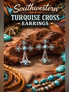 Southwestern Antique Silver Turquoise Cross Boho Earrings